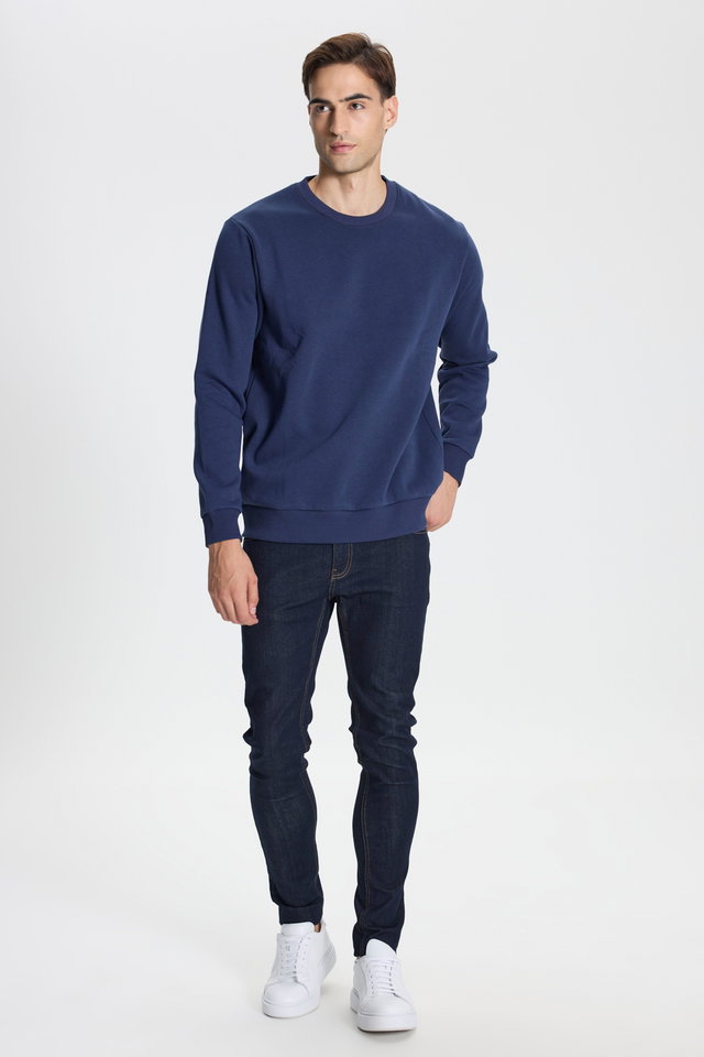 Navy blue - 3 Thread Raised Cotton Standard Fit Regular Cut Crew Neck Men's Navy Blue Sweatshirt
