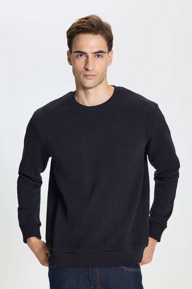 Schwarz - 3 Thread Raised Cotton Standard Fit Regular Cut Crew Neck Men's Navy Blue Sweatshirt