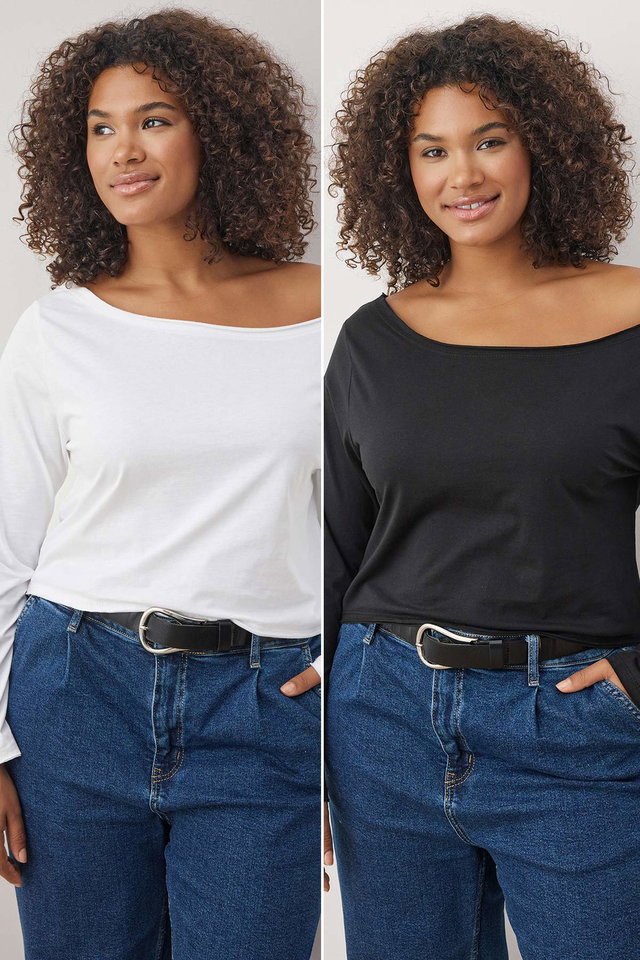 Black-White 2-Pack 100% Cotton Asymmetrical Boat Neck Crop Knit T-Shirt TBBAW26BF00001