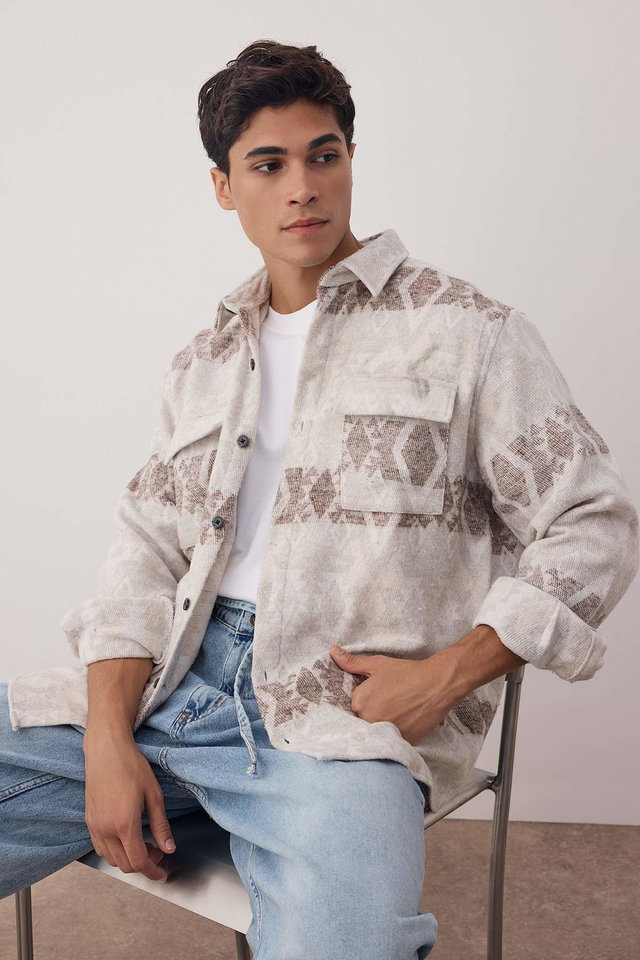 ecru - Ecru Unisex Regular Fit Double Pocket Flap Ethnic Winter Lumberjack Jacket Shirt TMNAW23GO00119
