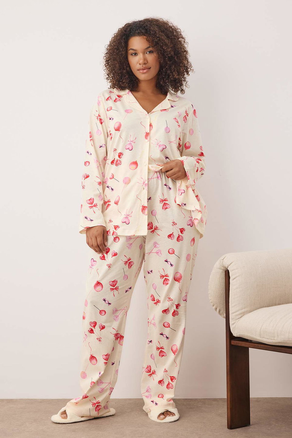 100% Cotton Heart & Leopard Patterned Shirt-Pants Knitted Pajama Set TBBAW26AI00017