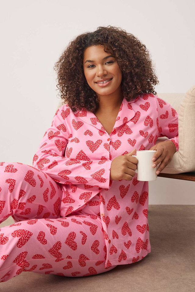 Pink - Black 100% Cotton Heart & Leopard Patterned Shirt-Pants Knitted Pajama Set TBBAW26AI00017