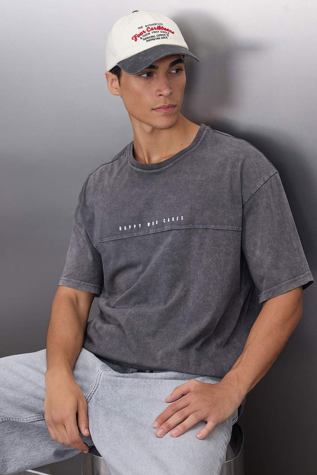 Anthracite - Anthracite Oversize/Wide Cut Faded Effect Text Print 100% Cotton T-Shirt TMNSS23TS00174