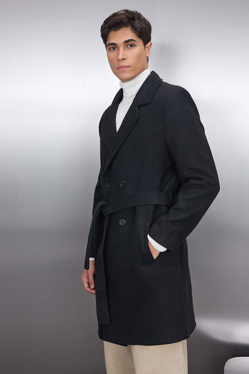 Regular Fit Double Breasted Closure Belted Tie Detailed Long Cashmere Winter Coat TMNAW21KB0101