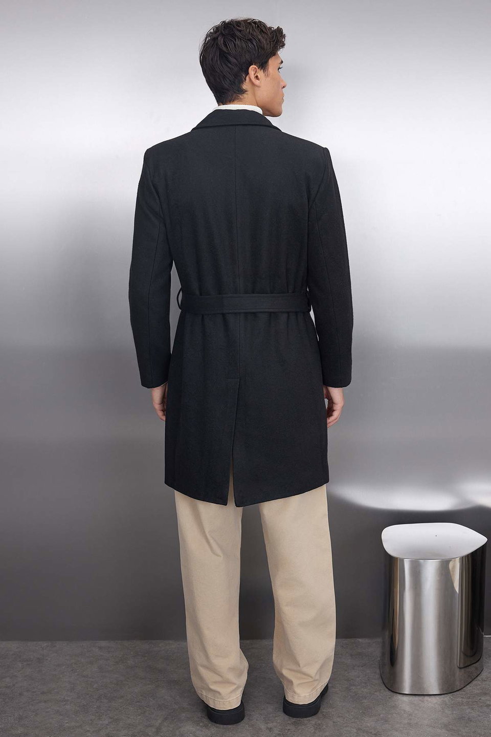 Regular Fit Double Breasted Closure Belted Tie Detailed Long Cashmere Winter Coat TMNAW21KB0101