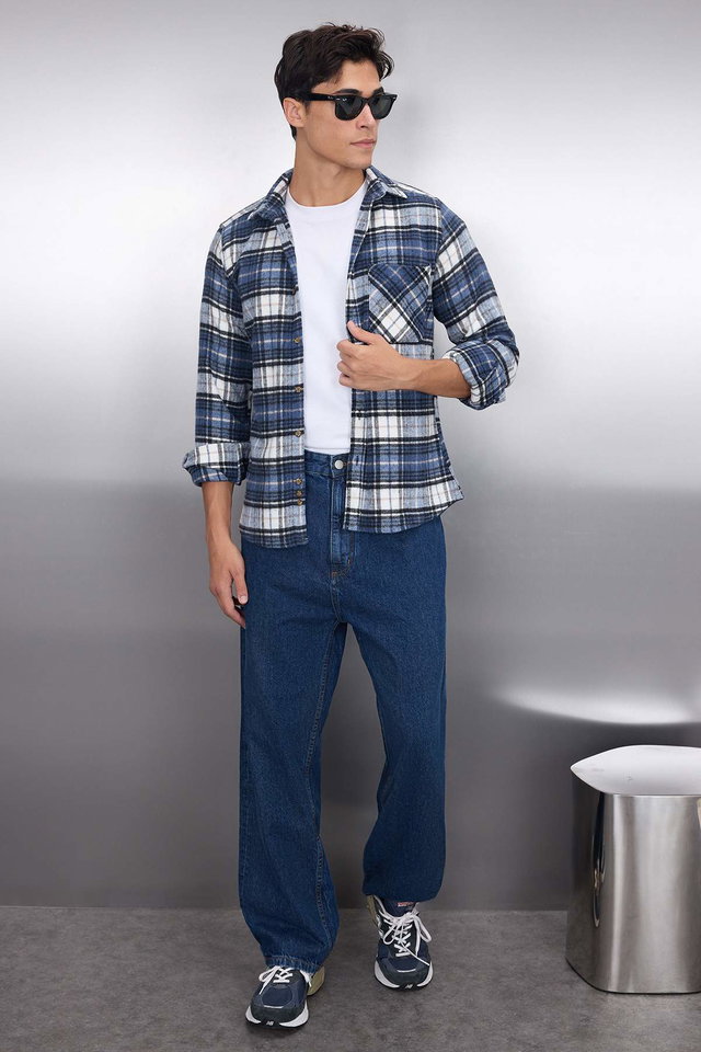 Blue - Blue Slim Fit Winter Checkered Plaid Lumberjack Shirt TMNAW22GO0090