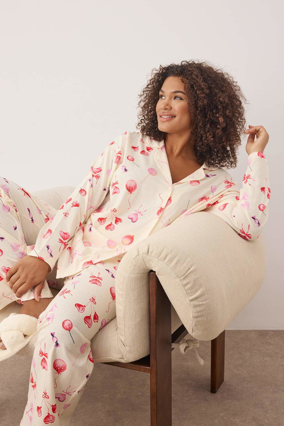 100% Cotton Heart & Leopard Patterned Shirt-Pants Knitted Pajama Set TBBAW26AI00017