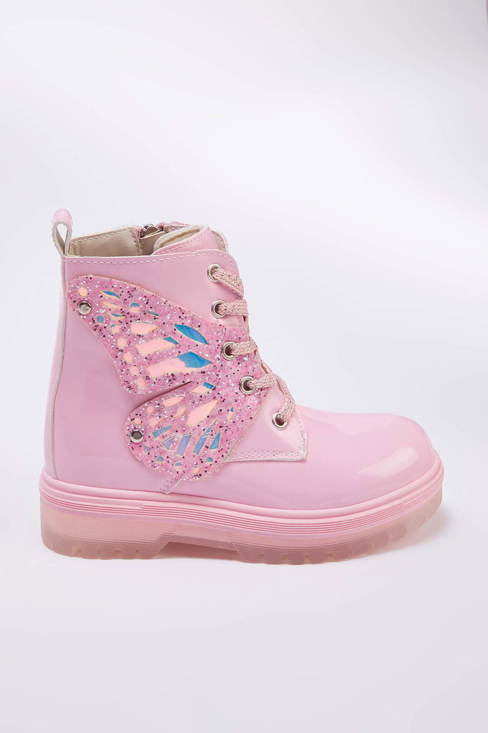 Zippered and Laced Little Girl's Kids' Combat Patent Leather Boots TAKAW26BO00009