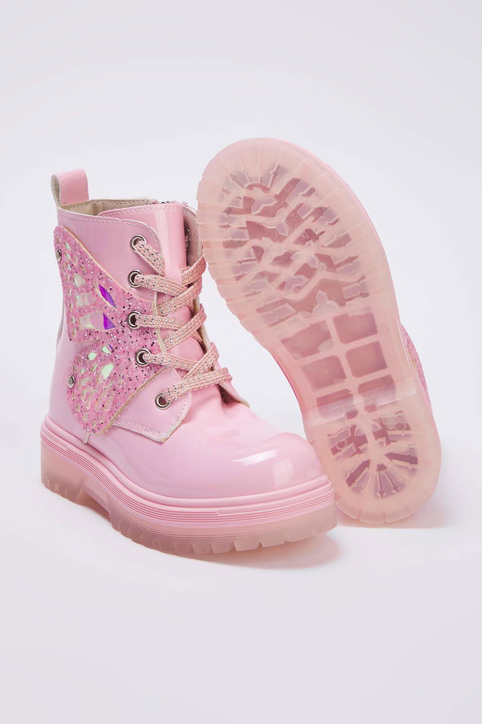 Zippered and Laced Little Girl's Kids' Combat Patent Leather Boots TAKAW26BO00009