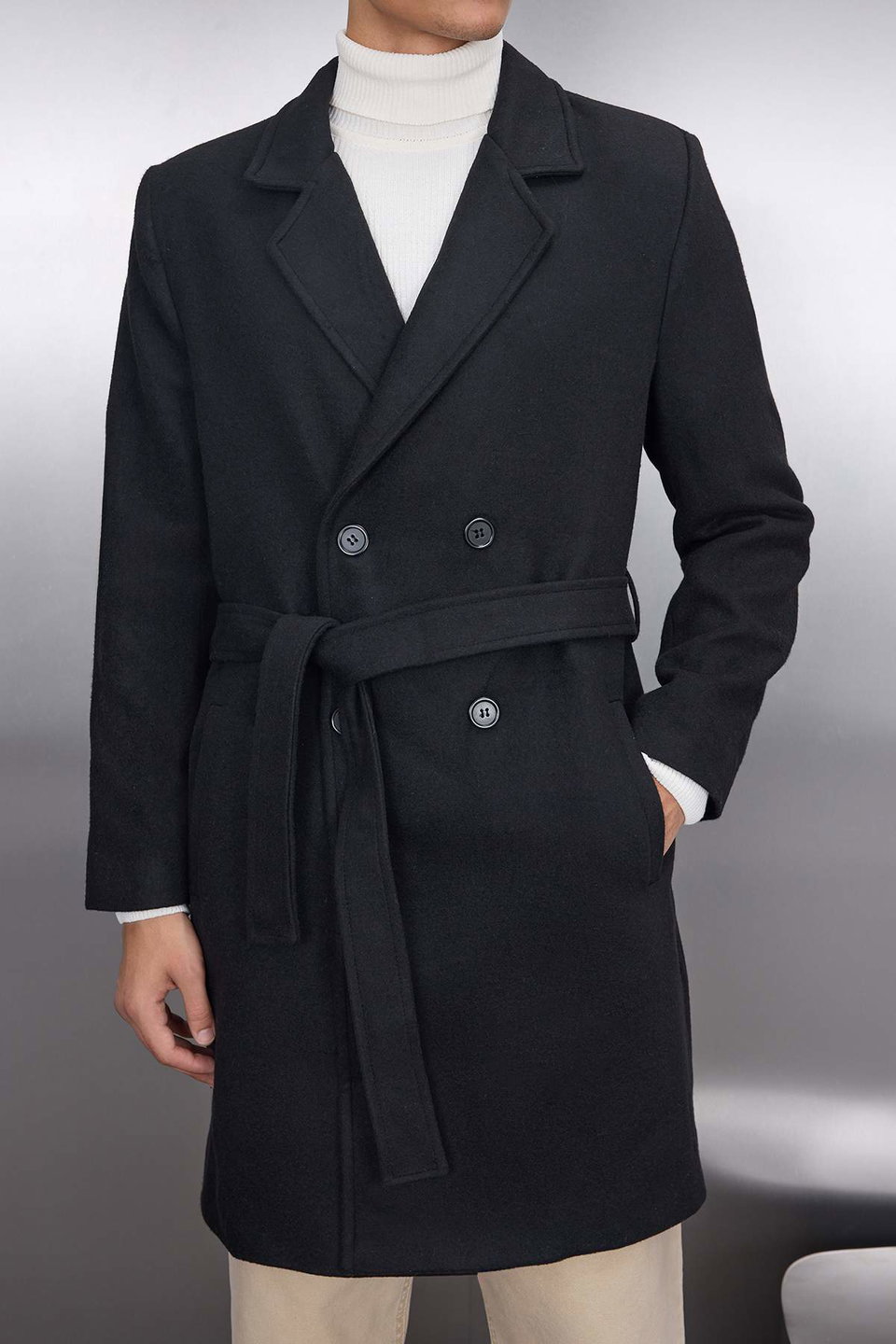 Regular Fit Double Breasted Closure Belted Tie Detailed Long Cashmere Winter Coat TMNAW21KB0101