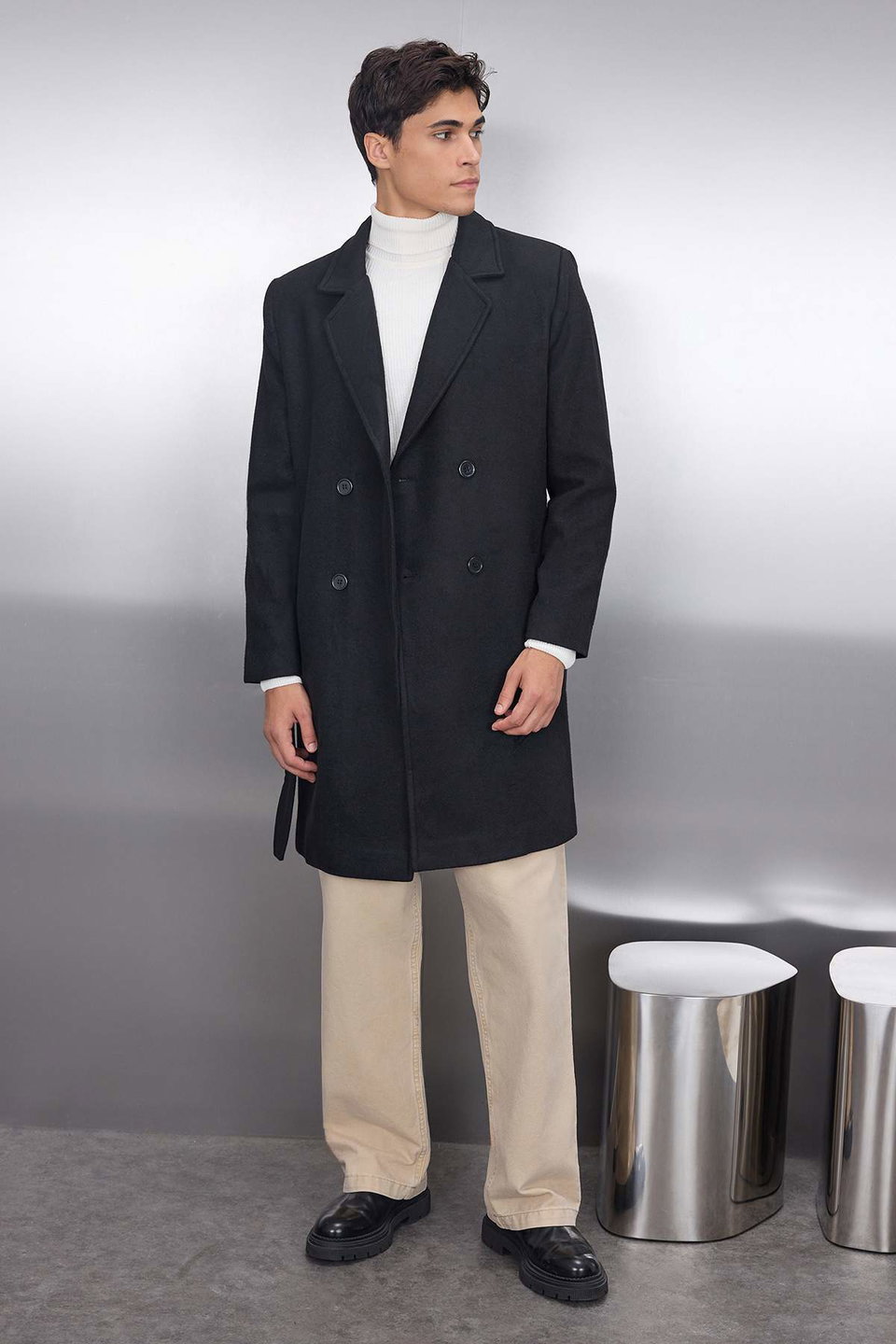 Regular Fit Double Breasted Closure Belted Tie Detailed Long Cashmere Winter Coat TMNAW21KB0101