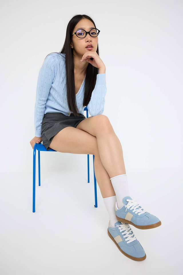 Blau - Teen Blue Retro Lace-Up Suede Women's Sneakers TAKAW26SN00011