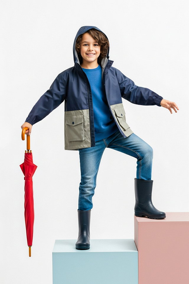 Navy blue - Navy Blue Color Block Water Repellent Hooded Raincoat Jacket TKDAW25CE00000