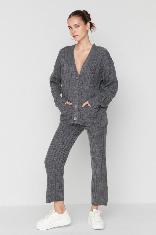 Anthracite - Anthracite Wide Fit Soft Textured Knitwear Bottom-Top Set TWOAW22AU0128