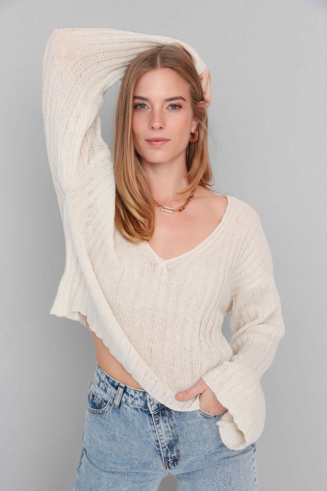 Stone - Grey Mercerized Look Wool Wide Pattern Basic Knitwear Sweater TWOAW23KZ01844