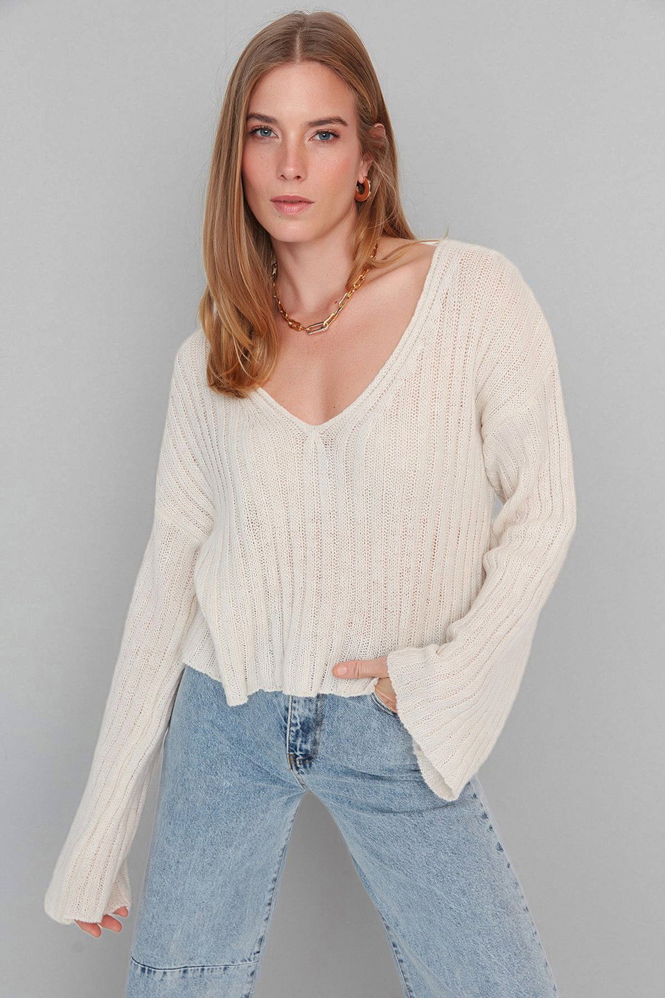 Mercerized Look Wool Wide Pattern Basic Knitwear Sweater TWOAW23KZ01844