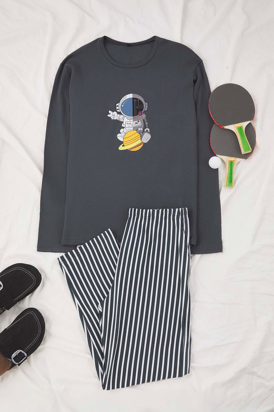Regular Cotton Long Sleeve Top Astronaut Printed Bottom Striped Pajama Set TMNAW26PT00013