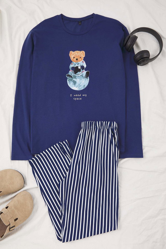 Indigo - Anthracite Regular Cotton Long Sleeve Top Astronaut Printed Bottom Striped Pajama Set TMNAW26PT00013