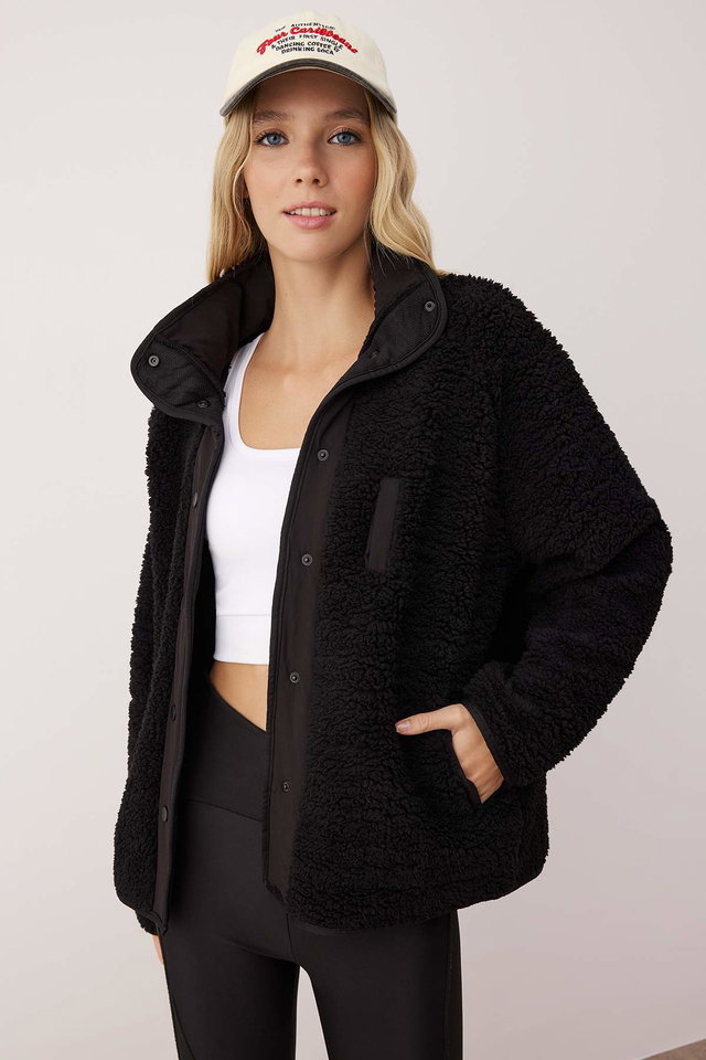 Black - Black Oversize Plush Knitted Sports Jacket THMAW26SK00002