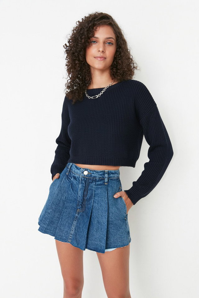 Blue - White Pleated Regular Waist Mini Denim Shorts Skirt Twoss22Sr00163