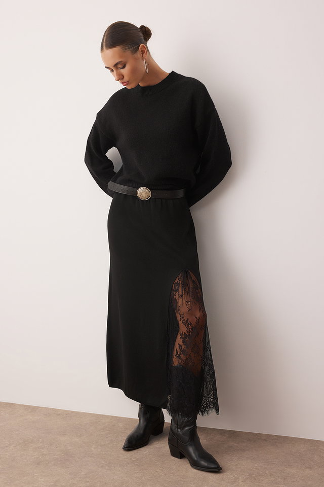 Schwarz - Black Knitwear Lace Slit Detailed Maxi Skirt Twoaw26Et00117