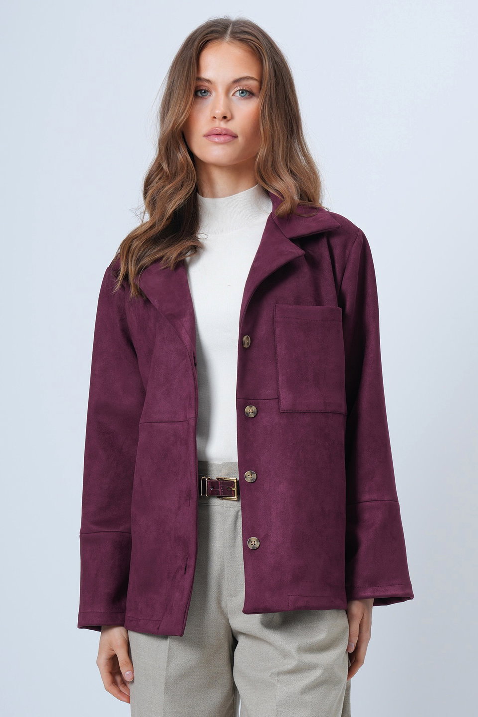 Women's Single Pocket Stitched Faux Suede Jacket Alc-X14404