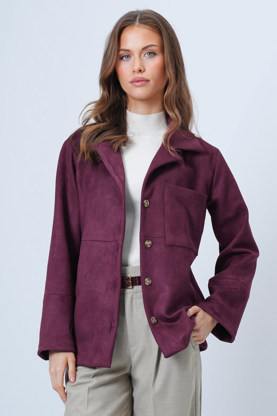 Women's Single Pocket Stitched Faux Suede Jacket Alc-X14404