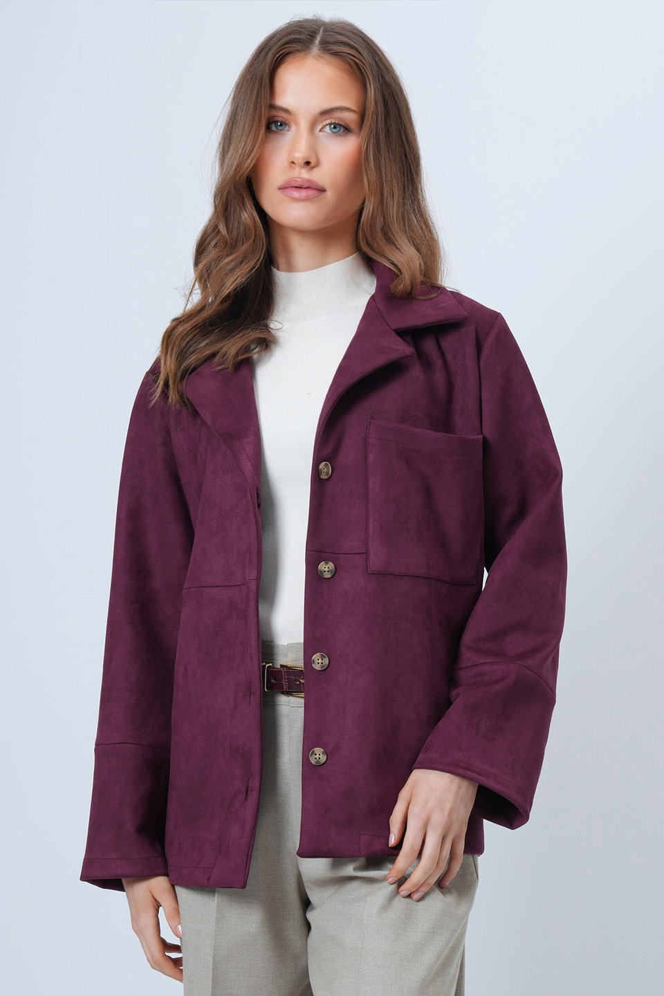 Women's Single Pocket Stitched Faux Suede Jacket Alc-X14404