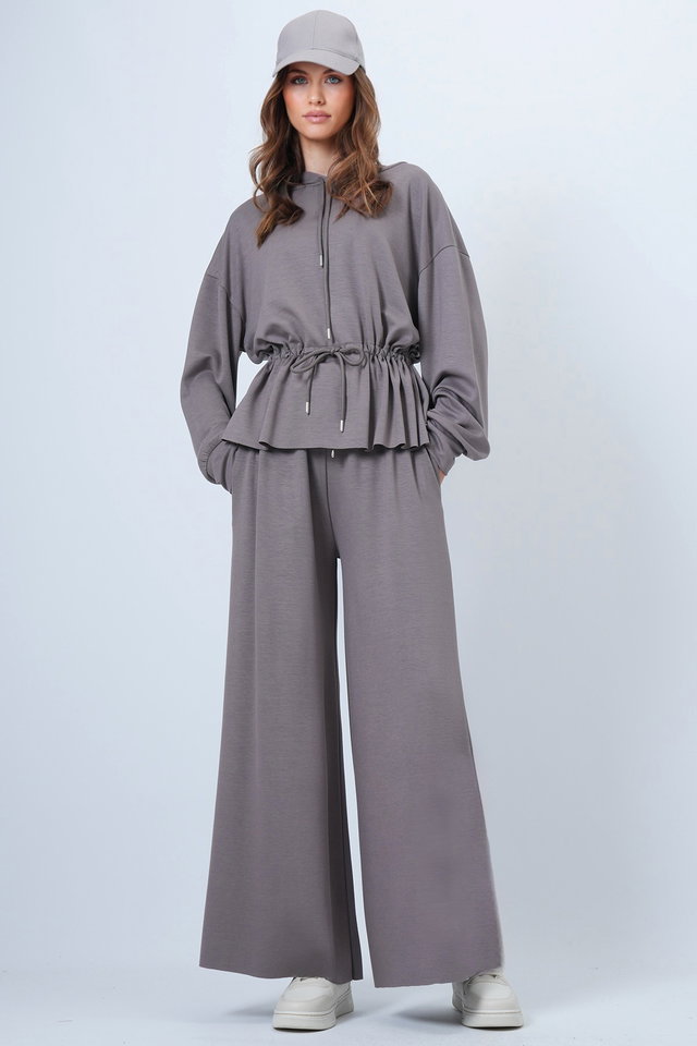 Mink - Women's beige hooded drawstring modal blouse and pants set alc-x14668
