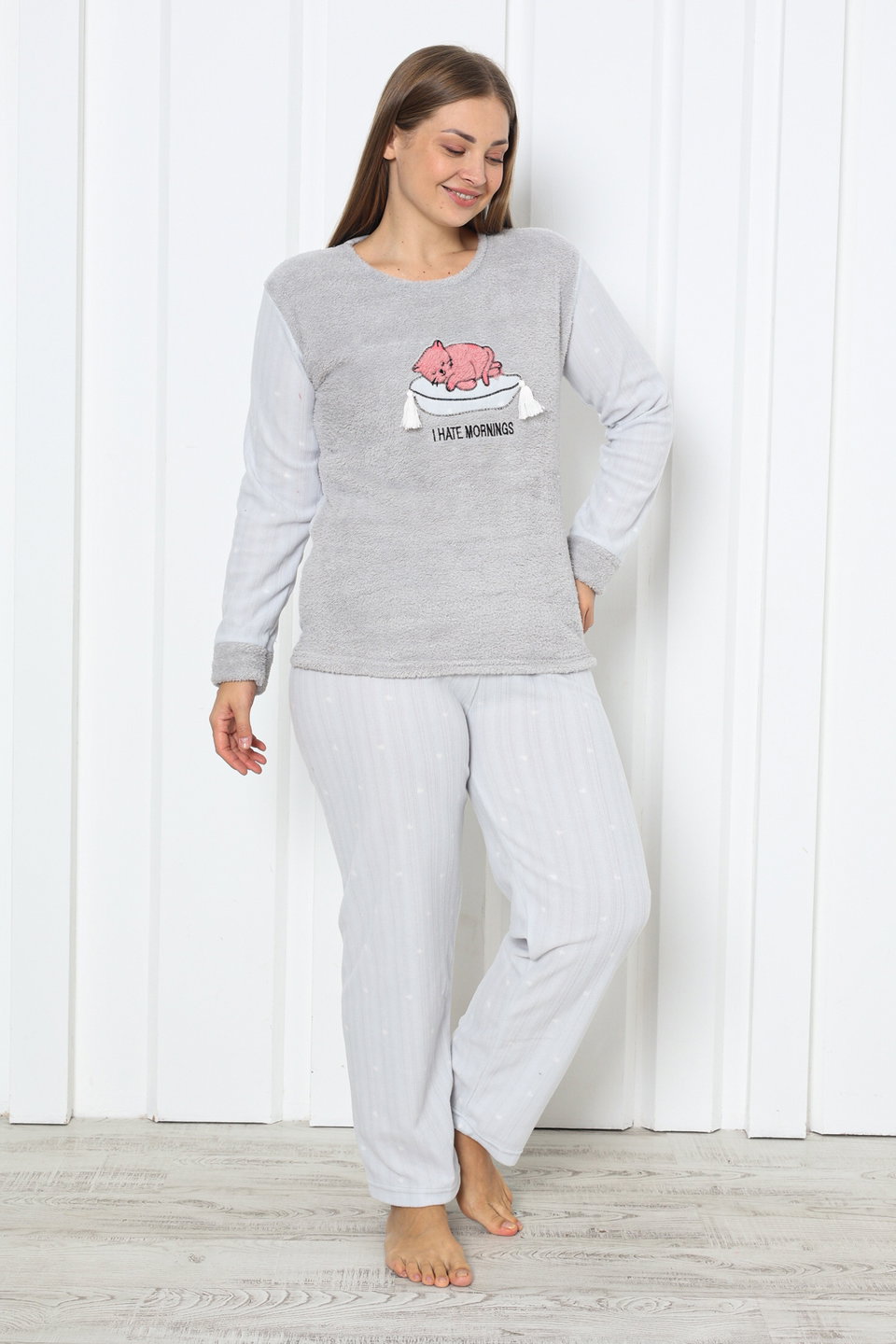 Cat Printed Polar Fleece Plus Size Pajama Set TBBAW26AI00041