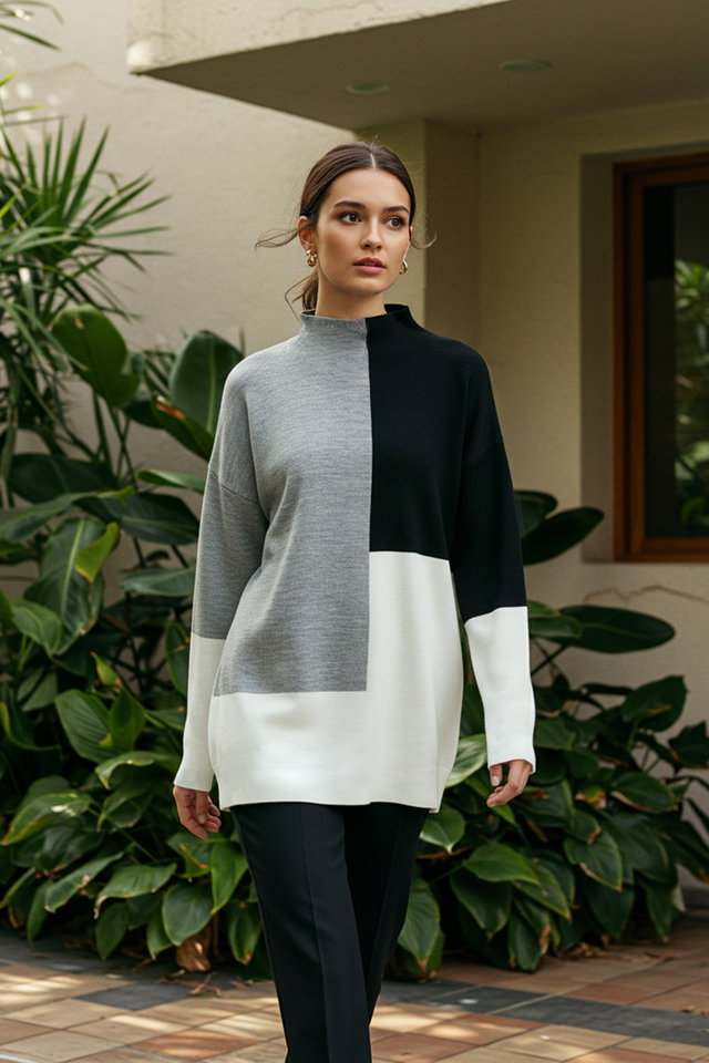Black - Brown Color Block High Neck Knitwear Sweater TCTAW22AK0054