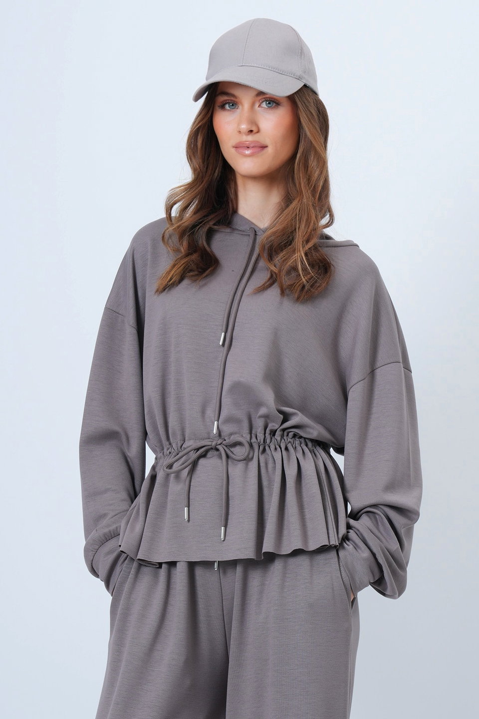 Women's hooded drawstring modal blouse and pants set alc-x14668