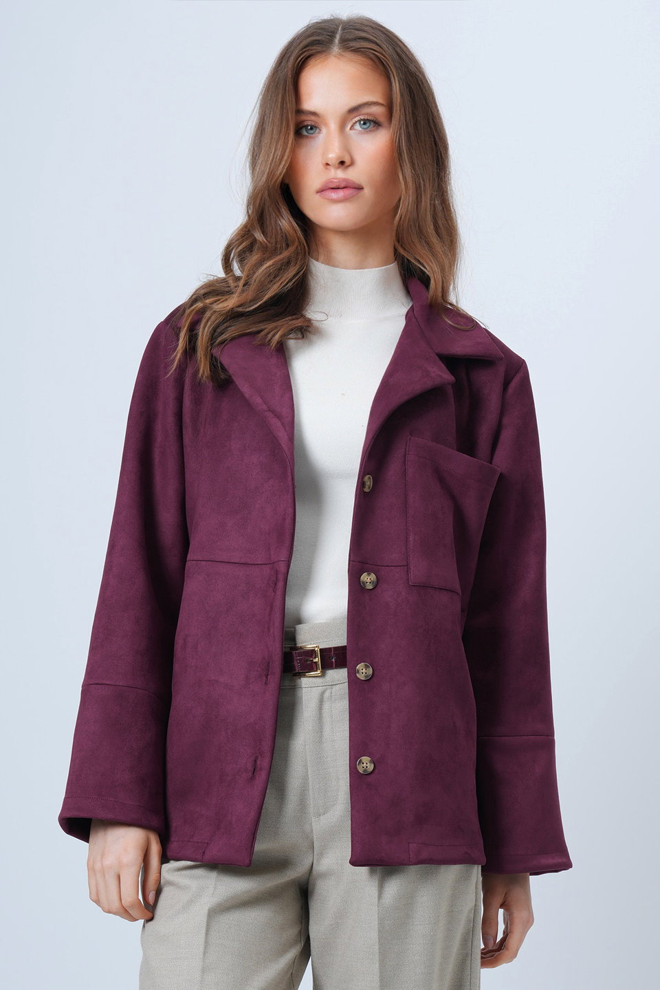 Women's Single Pocket Stitched Faux Suede Jacket Alc-X14404