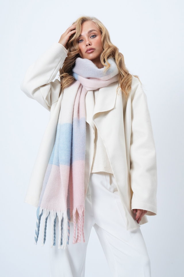 Blue-Pink - Women's Ecru Brown Wool Blend Fringed Winter Shawl Alc-X14581
