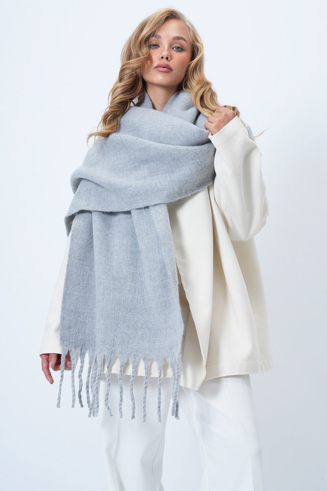 Gray - Women's Ecru Brown Wool Blend Fringed Winter Shawl Alc-X14581