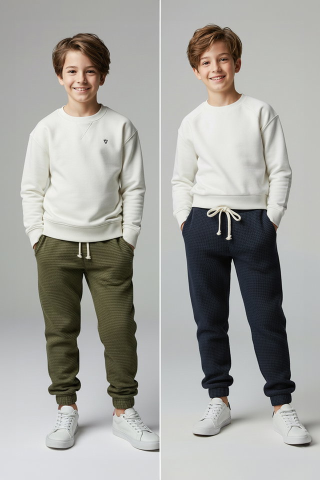 Navy Blue-Khaki - Navy Blue-Khaki Cotton 2-Piece Plain Boys' Knitted Sweatpants Tkdaw26Ea00013