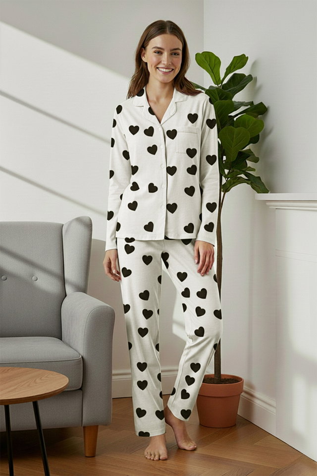 ecru - Women's Mini Me/Mother Daughter Ecru Heart Viscose Woven Pajamas Set Thmaw21Pt0936