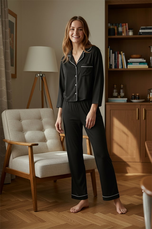 Black - Black Piping Viscose Woven Pajamas Set THMAW21PT0292