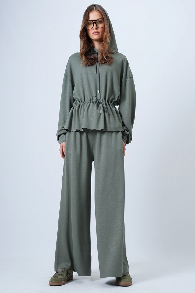 Khaki - Women's beige hooded drawstring modal blouse and pants set alc-x14668