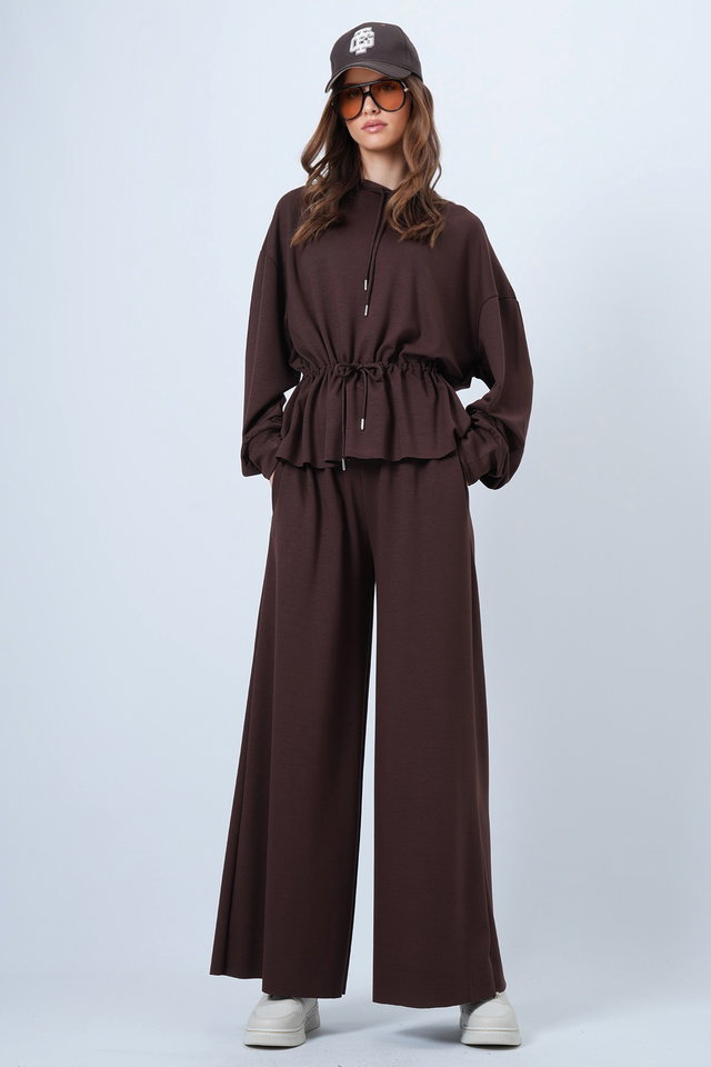 Bitter coffee - Women's beige hooded drawstring modal blouse and pants set alc-x14668