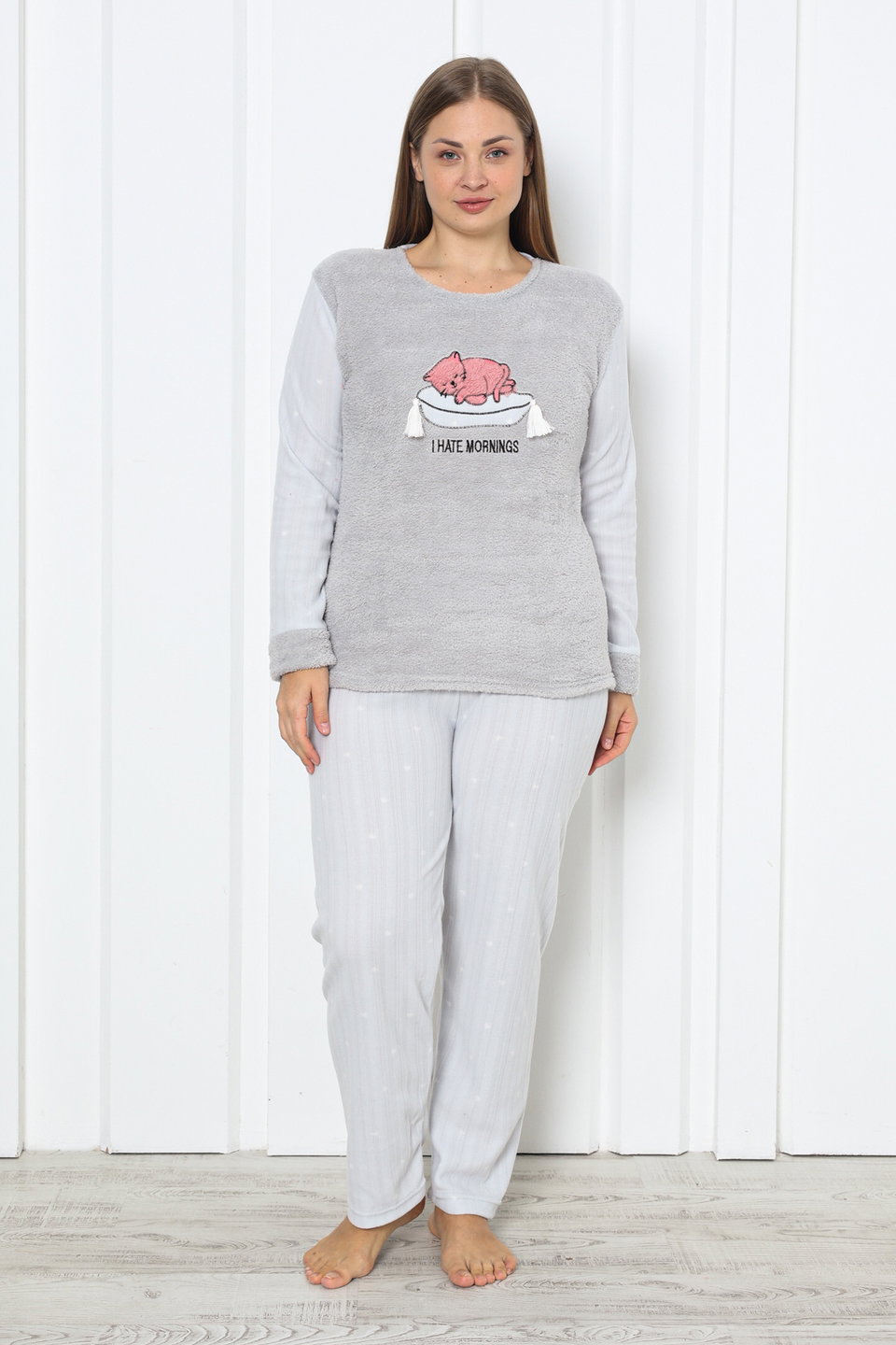 Cat Printed Polar Fleece Plus Size Pajama Set TBBAW26AI00041