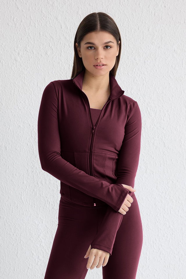 Burgundy - Ecru Brushed Soft Fabric Thumb Hole Knitted Sports Jacket/Sweatshirt THMAW25SK00001
