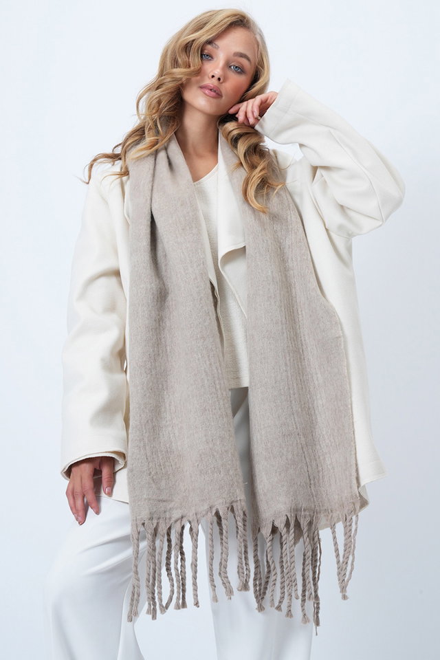 STONE - Women's Ecru Brown Wool Blend Fringed Winter Shawl Alc-X14581