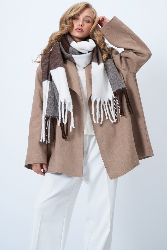 ECRU COFFEE - Women's Ecru Brown Wool Blend Fringed Winter Shawl Alc-X14581