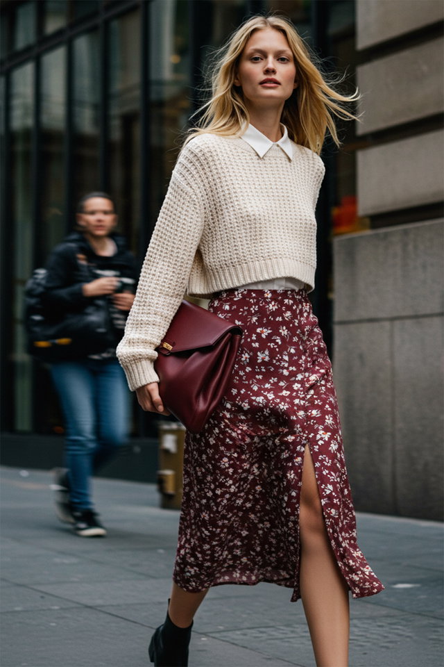 burgundy - Tile Slit Detailed Floral Patterned Viscose Fabric Midi Length Woven Skirt TWOSS20ET0230