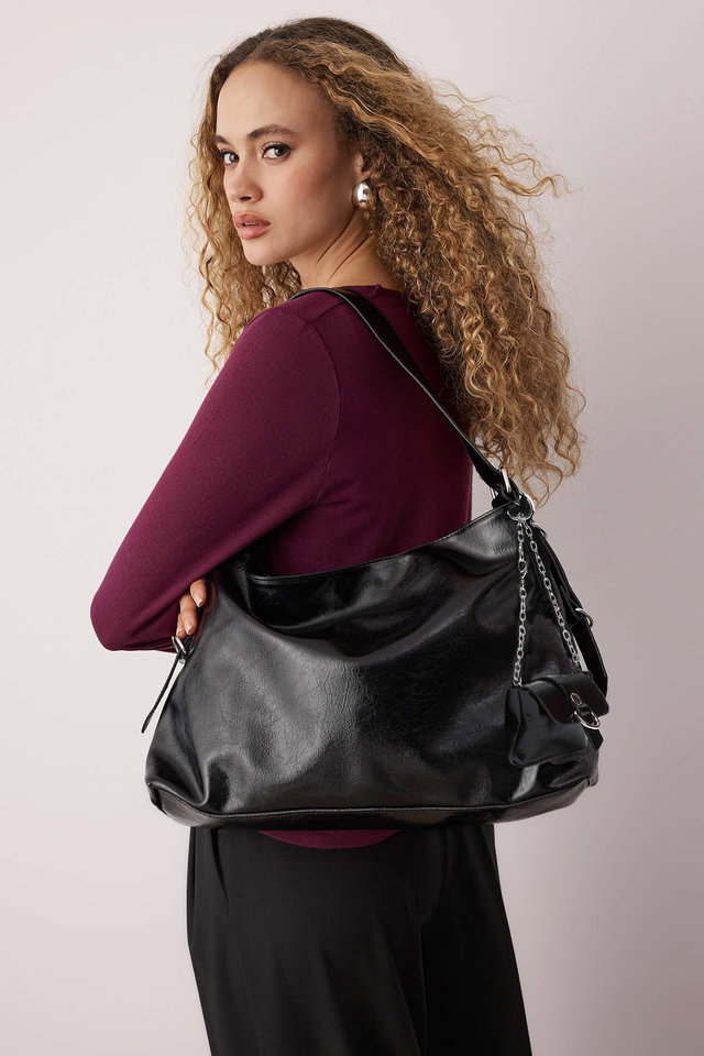 Black - Black crinkled faux leather belt buckle pouch women's shoulder bag takaw26oc00046