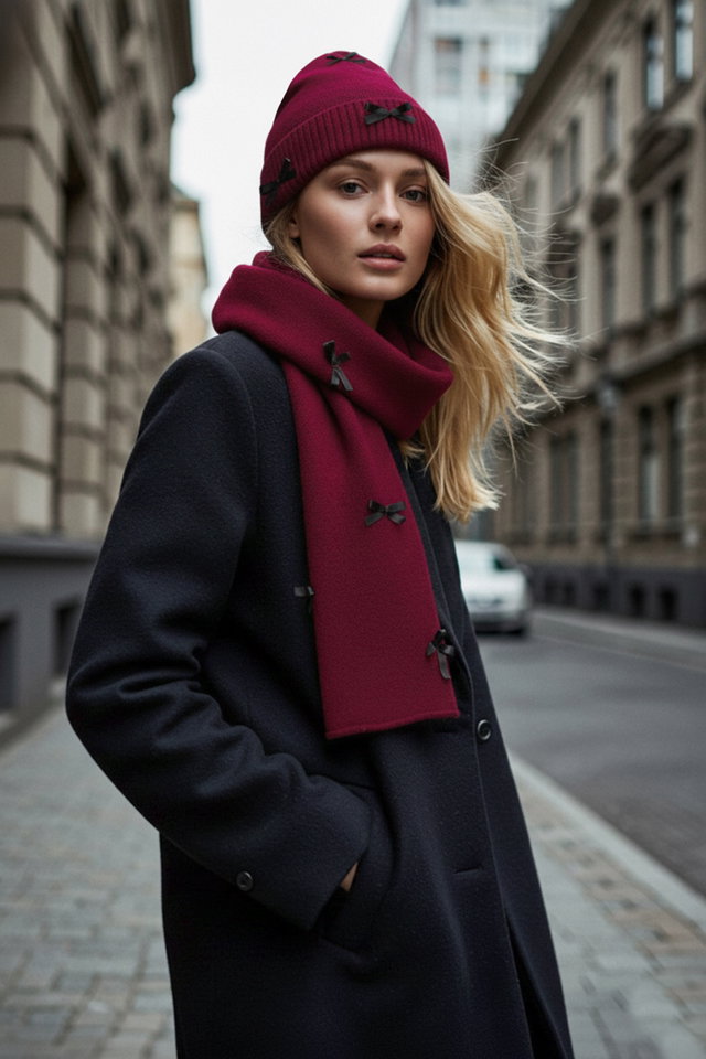 Burgundy - Soft Textured Ribbon Detailed 2-Piece Knitted Scarf-Beret Set TWOAW26AT00000