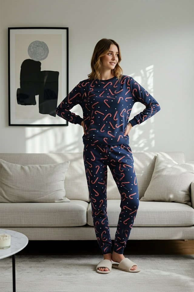 Very colorful - Navy Blue 100% Cotton Christmas Themed Knitted Pajama Set THMAW21PT0771