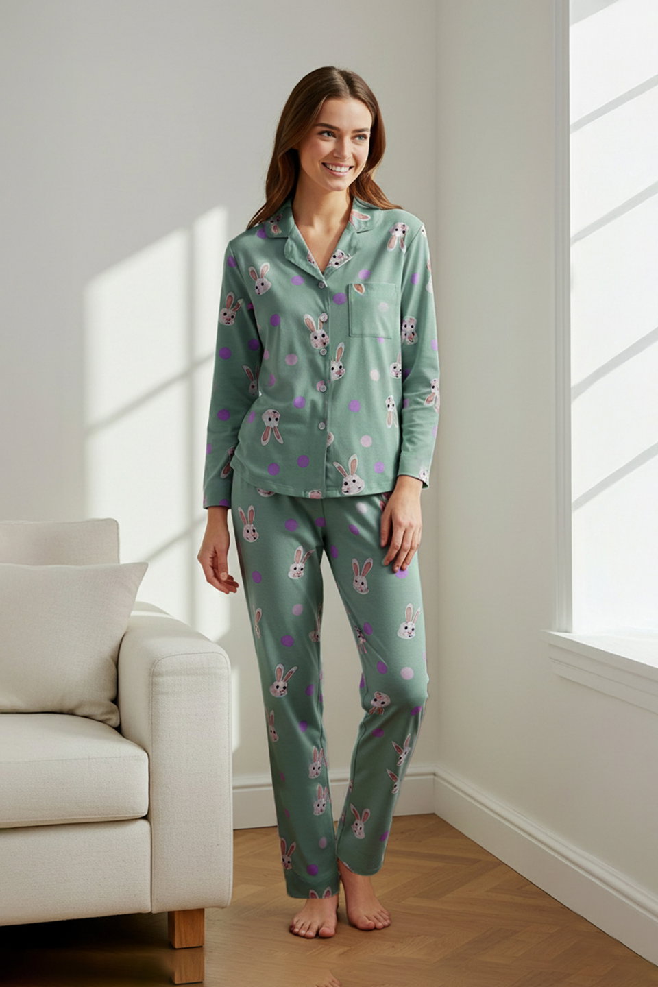 Women's Mini Me/Mom Daughter Rabbit Patterned Viscose Woven Pajamas Set Thmaw21Pt0048