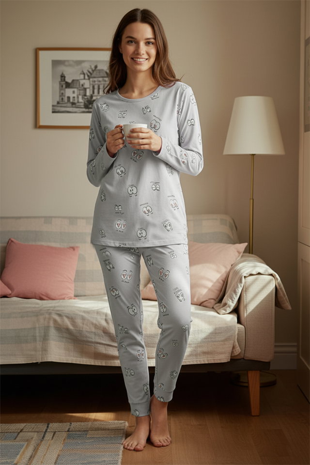 Grey - Grey 100% Cotton Eye Patterned T-shirt-Jogger Knitted Pajama Set THMAW22PT0270